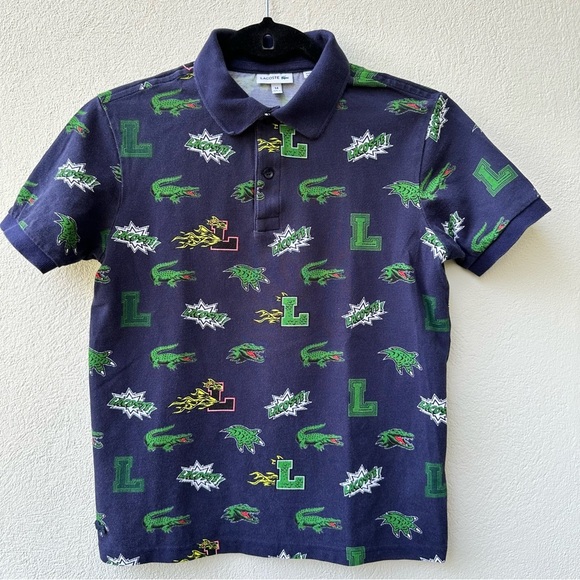 Lacoste Boys Blue Aligator Print Short Sleeve Polo Shirt Size 14 Years